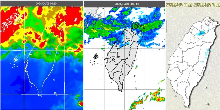 今（5）日清晨4時30分紅外線色調強化雲圖顯示，中部以北有較多雲層（左）；4時30分雷達回波合成圖顯示，雲層伴隨弱降水回波（中）；4時30分累積雨量圖顯示，北部、東北部、東部零星少量降雨（右）。（圖／氣象應用推廣基金會）