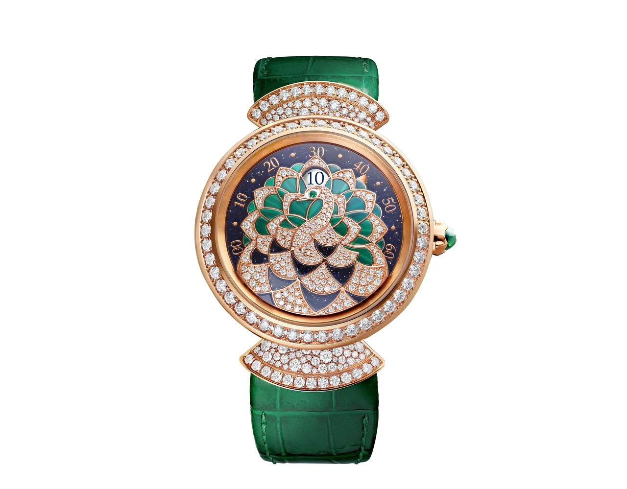 Divas' Dream Peacock孔雀細工鑲嵌跳時與逆跳腕錶，33mm。品牌提供