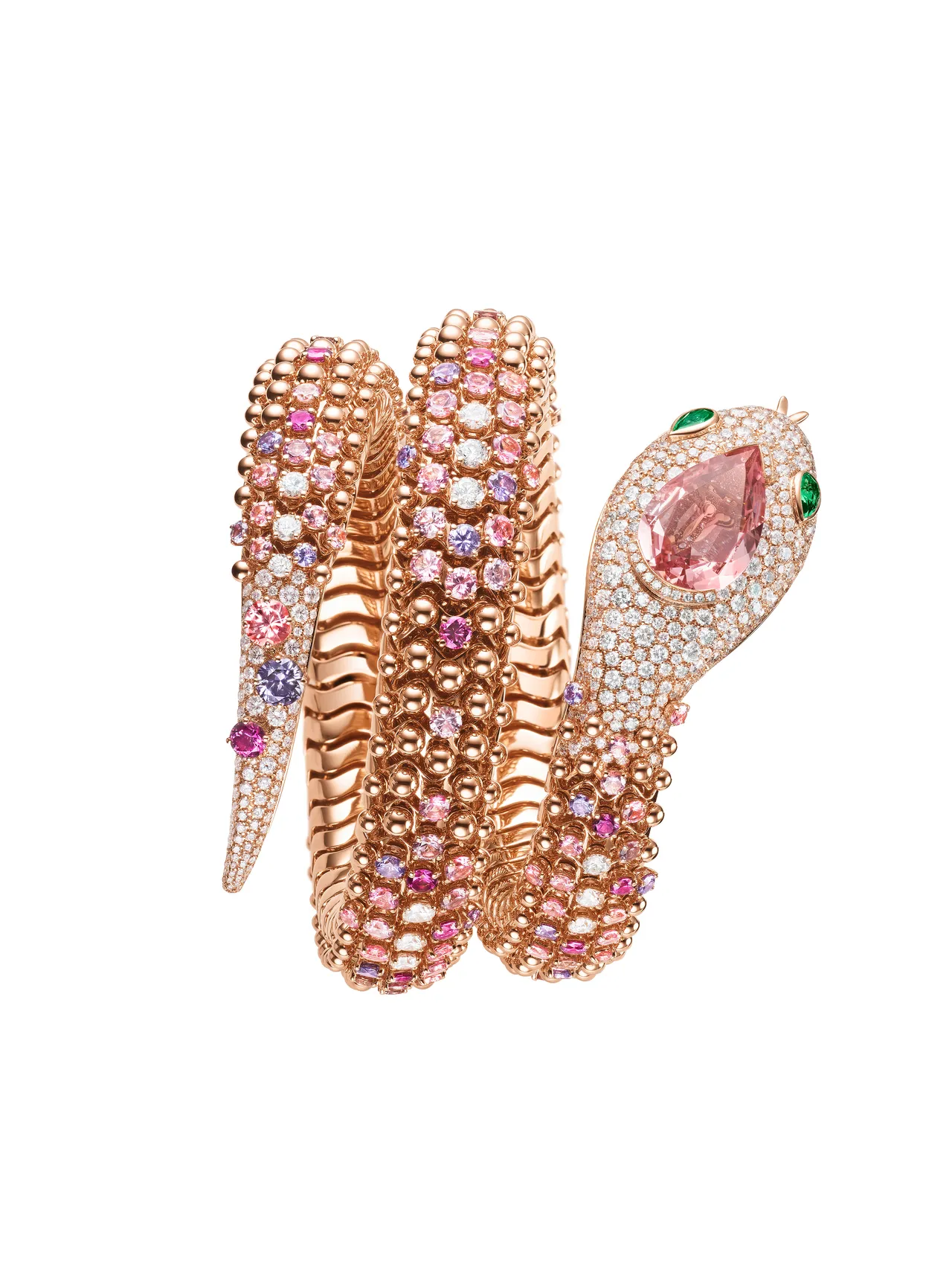 Serpenti Misteriosi Pallini頂級玫瑰金彩寶與鑽石腕錶，40mm，玫瑰金錶殼鑲嵌有5.45克拉的梨形切割摩根石。品牌提供