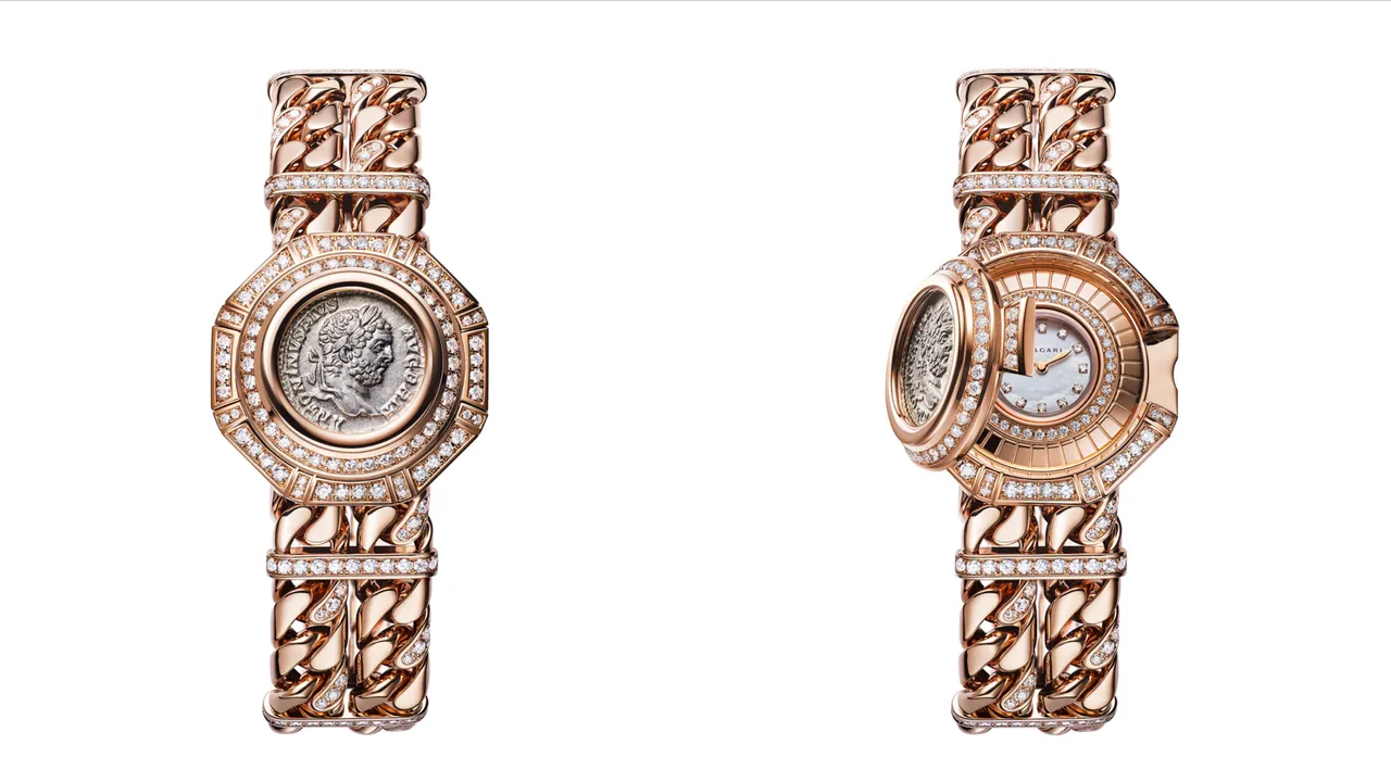 Monete Catene古幣頂級珠寶神秘腕錶，鑲嵌了1枚西元198至217年羅馬帝國卡拉卡拉大地肖像羅馬銀幣。品牌提供