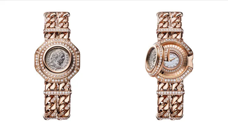 Monete Catene古幣頂級珠寶神秘腕錶，鑲嵌了1枚西元198至217年羅馬帝國卡拉卡拉大地肖像羅馬銀幣。品牌提供