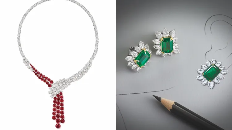 海瑞溫斯頓經典錦簇 Winston Cluster系列紅寶石鑽石項鍊（左圖）、The Incredibles系列祖母綠鑽石耳環（右圖）。品牌提供