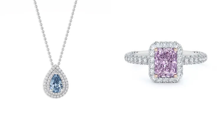 Aura Double Halo高級珠寶梨形切割藍鑽吊墜項鍊（左圖），中央主鑽為1.26克拉濃彩藍鑽；Aura高級珠寶雷迪恩切割式紫鑽戒指（右圖），中央主鑽為1.09克拉濃彩帶粉紅色紫鑽。品牌提供