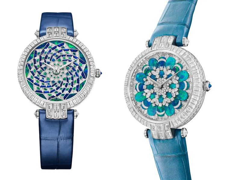 卓時Premier系列Hypnotic Opal Mosaic 36 毫米自動腕錶（左圖）、Hypnotic Chrysanthemum頂級珠寶腕錶（右圖）。品牌提供