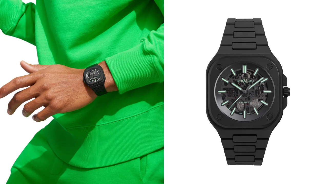 Bell & Ross BR 05 Skeleton Black Lum Ceramic,41mm,霧面黑色噴砂陶瓷錶殼,黑色透明鏤空夾板錶面,黑色陶瓷錶帶,BR-CAL.322-1自動機械機芯,動力儲存54小時,防水深度100米,31萬9000元。品牌提供