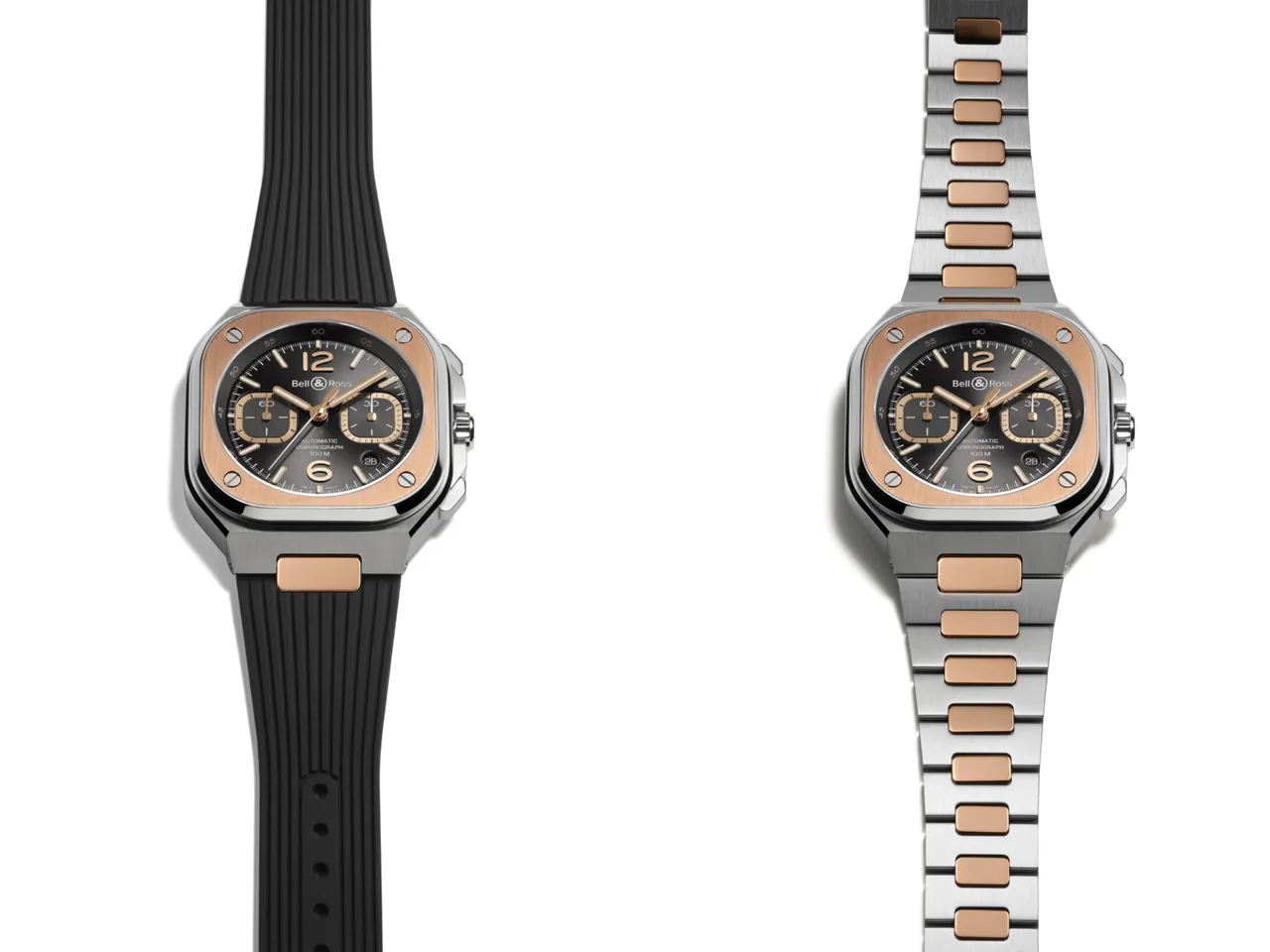 Bell & Ross BR 05 Chrono Grey Steel & Gold,42mm,緞面打磨及拋光不鏽鋼與18K玫瑰金錶殼,鍍釕太陽紋處理錶面,黑色橡膠/不鏽鋼與18K玫瑰金雙色鏈帶,BR-CAL.326自動機械機芯,動力儲存60小時,防水深度100米,黑色橡膠錶帶32萬9000元、18K玫瑰金雙色鏈帶48萬5000元。品牌提供