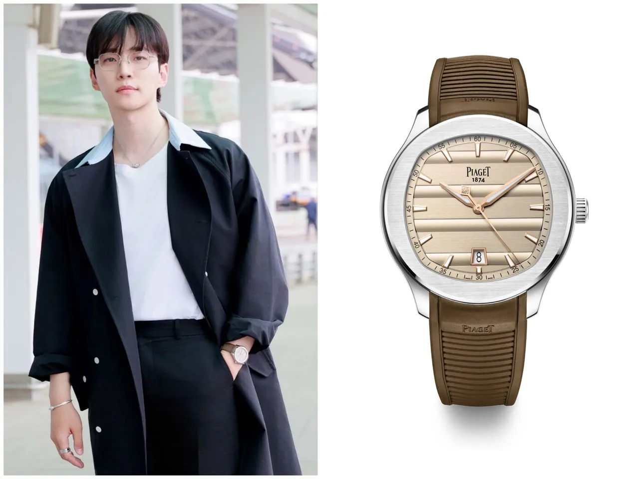 李俊昊搶先戴上PIAGET 42mm日期顯示自動上鍊腕錶,精鋼錶殼,璣刻橫向雕飾錶面,深卡其色橡膠錶帶,自製1110P自動上鍊機芯,動力儲存約50小時,限量300只。品牌提供