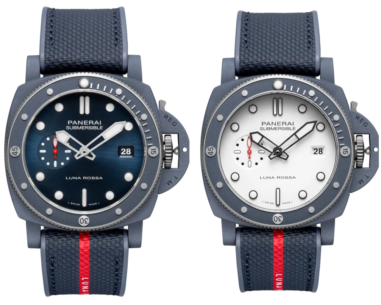 沛納海Submersible QuarantaQuattro Luna Rossa Ti-CeramitechTM錶款(PAM01466/PAM01543),44mm,藍色Ti-Ceramitech鈦金屬陶錶殼,藍色太陽紋/白色霧面粒紋錶面,雙材質橡膠藍色織物錶帶,P.900自動上鏈機械機芯,動力儲存3日,防水深度500米,各51萬元。品牌提供