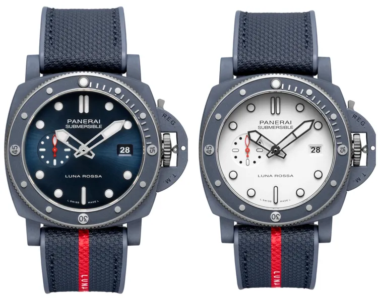 沛納海Submersible QuarantaQuattro Luna Rossa Ti-CeramitechTM錶款（PAM01466/PAM01543），44mm，藍色Ti-Ceramitech鈦金屬陶錶殼，藍色太陽紋/白色霧面粒紋錶面，雙材質橡膠藍色織物錶帶，P.900自動上鏈機械機芯，動力儲存3日，防水深度500米，各51萬元。品牌提供