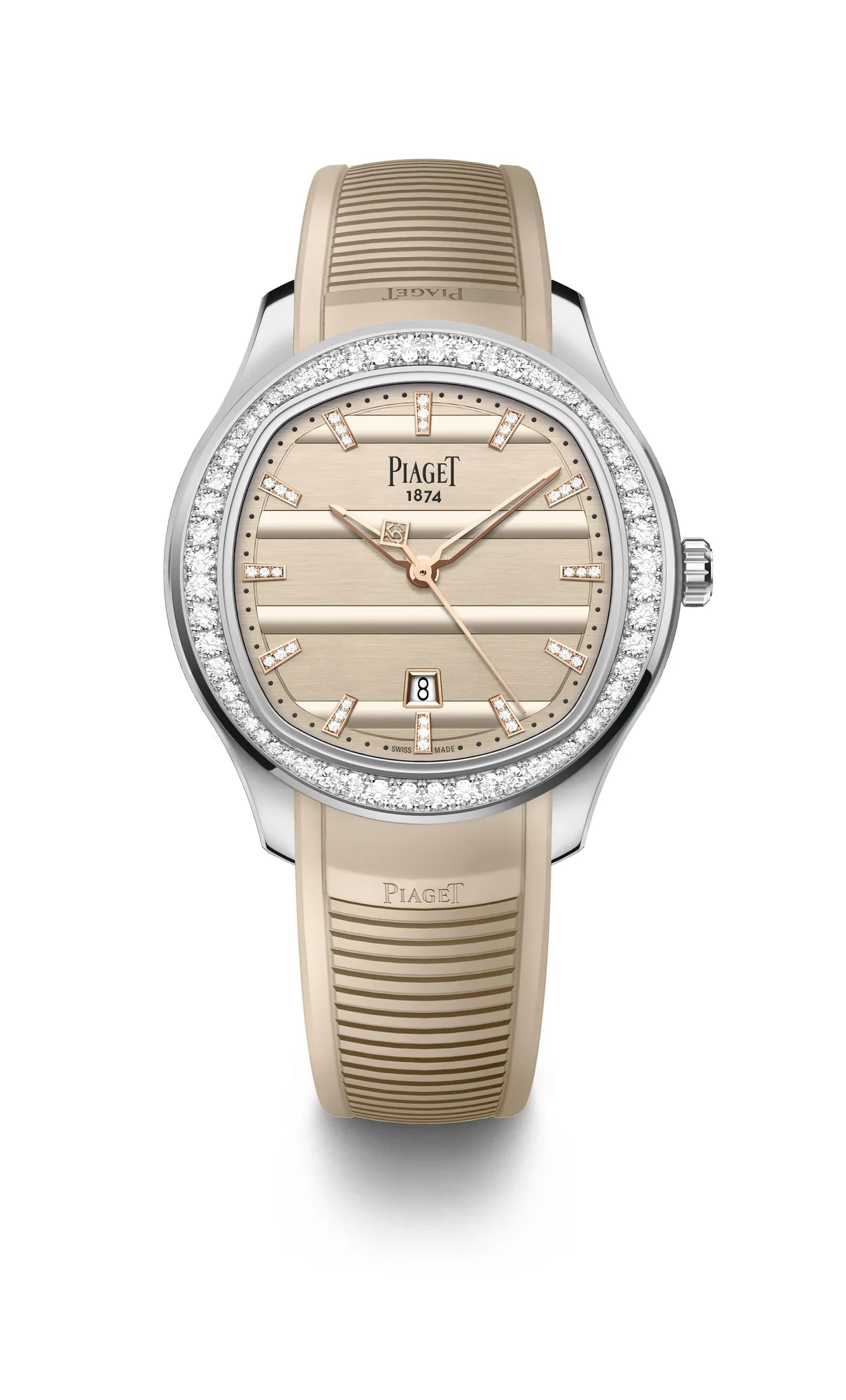 PIAGET 36mm日期顯示自動上鍊鑽石腕錶,精鋼錶殼鑲嵌60顆圓形切割美鑽,璣刻橫向雕飾錶面,奶油色橡膠錶帶,自製500P1自動上鍊機芯,動力儲存約40小時,限量300只。品牌提供