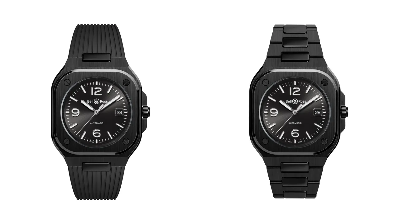 Bell & Ross BR 05 Black Ceramic,41mm,拋光及緞面打磨黑色陶瓷錶殼,黑色放射狀太陽紋錶面,黑色橡膠/陶瓷錶帶,BR-CAL.321-1自動機械機芯,動力儲存54小時,防水深度100米,黑色橡膠錶帶22萬4000元、陶瓷錶帶25萬5000元。品牌提供