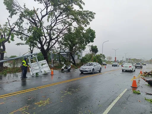清晨狂风暴雨!高雄茄萣路树倒塌、路牌倒地 连电线杆也倒了