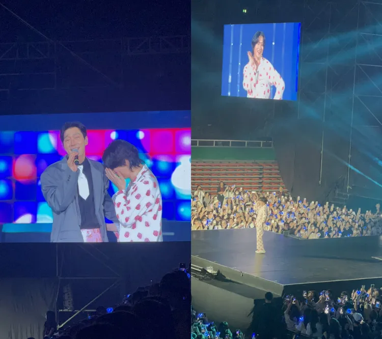 希澈穿Loopy的睡衣上台，害羞靠在始源肩膀上。讀者提供