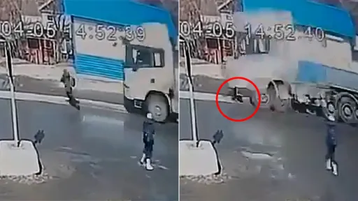 驚悚影片|8歲童急回家「飛奔過馬路」 卡車煞不及把他KO了