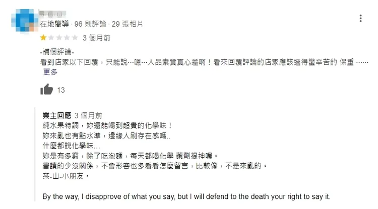 針對部分負評，店家回應態度強烈。翻攝Google