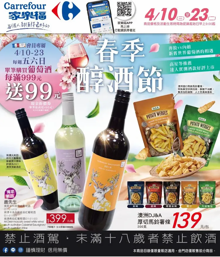 春季醇酒節活動期間，週五六日單筆購買葡萄酒每滿999元送99元現金折價券。翻攝自家樂福網站