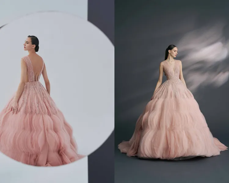 桔梗粉色晚禮服為系列用料最多的作品。品牌提供