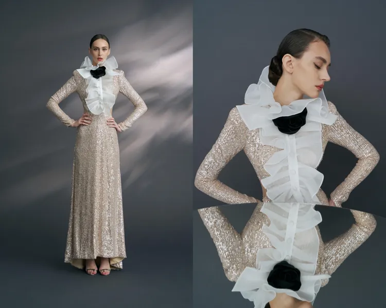 山茶花香檳色亮片晚禮服，使用歐洲進口香檳亮片彈性針織面料。品牌提供