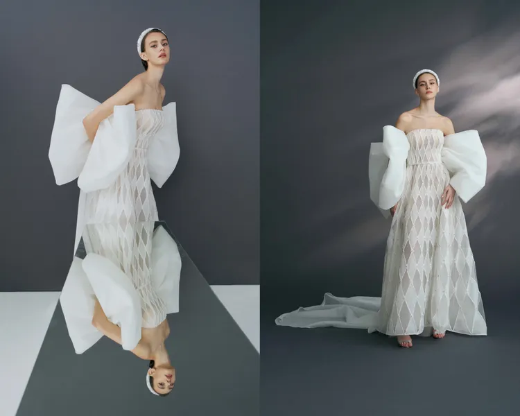 鳶尾花菱格紋透膚白紗僅重10公斤。品牌提供