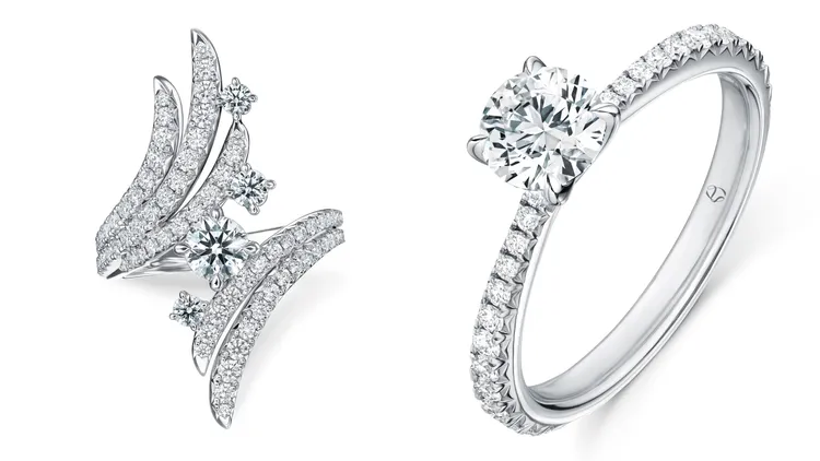Hearts On Fire VELA Bypass Cocktail白K金鑽石套戒（左圖）32萬1000元起；VELA Solitaire鉑金鑲鑽戒指（右圖）54萬1000元起。品牌提供