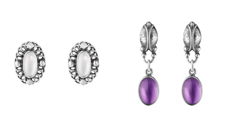 喬治傑生2004年度紀念純銀白月光石耳環 20周年復刻版（左）1萬1000元、Moonlight Blossom純銀紫水晶耳環（右）2萬6300元。品牌提供