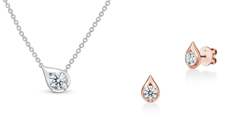 Hearts On Fire LU Droplet 白K金鑽石項鍊（左圖）17萬8000元起；LU Droplet 玫瑰金鑽石耳環（右圖）30萬5000元起。品牌提供