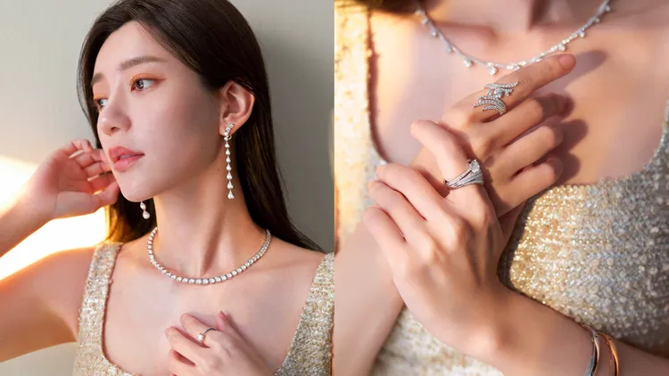 郭雪芙演繹Herats On Fire珠寶作品，左圖LU Droplet 白K金鑽石耳環126萬7000元。品牌提供