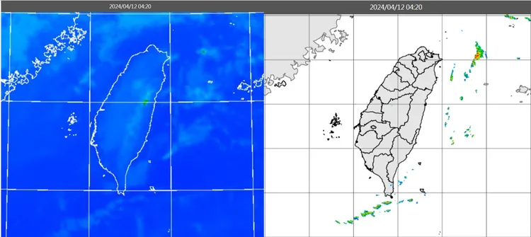今（12）日清晨4時20分紅外線色調強化雲圖顯示，台灣上空雲層稀疏（左）；雷達回波合成圖顯示，陸上無降水回波（右）。氣象應用推廣基金會
