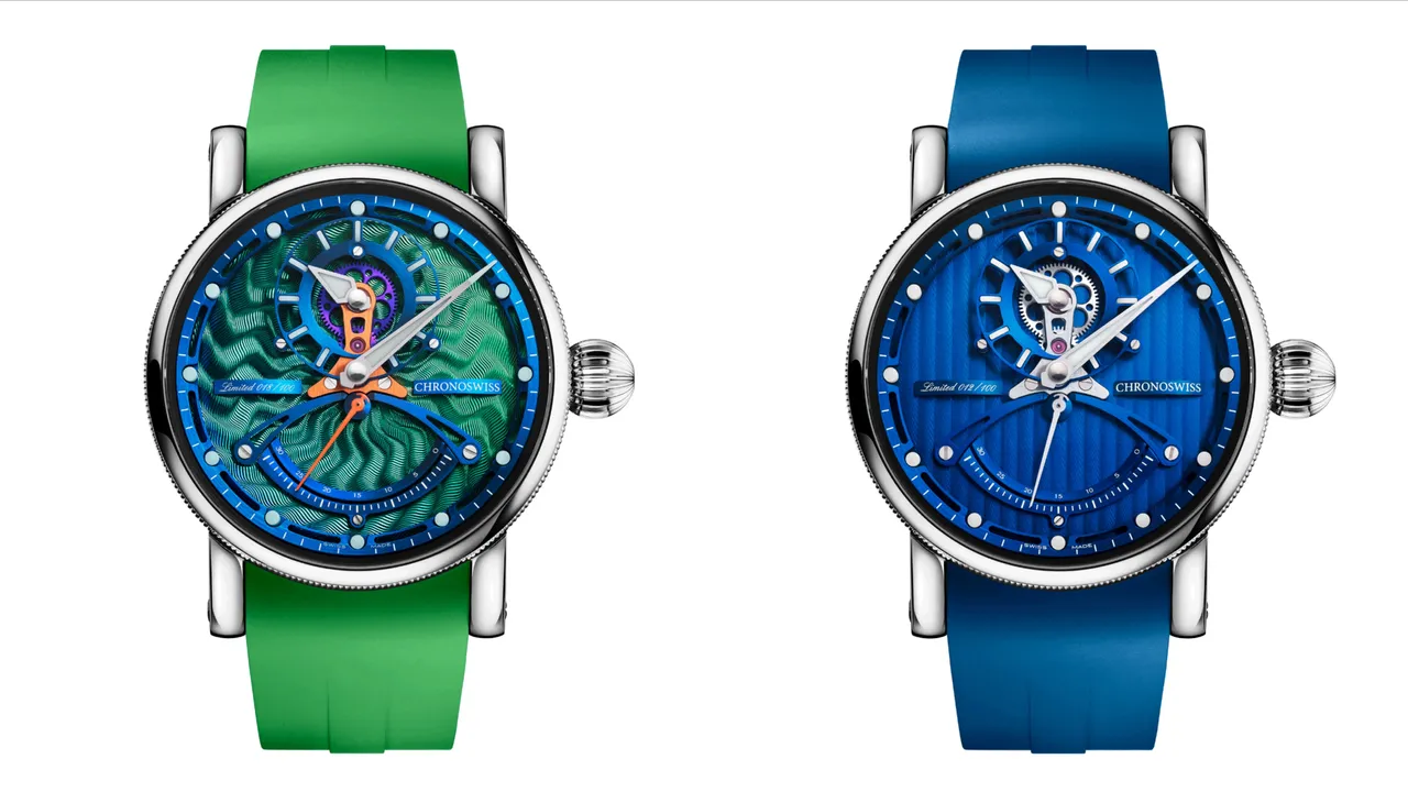 瑞寶錶ReSec自製錶款,33mm,5級鈦金屬不鏽鋼錶殼,3D結構手工機刻雕花錶面(綠色怪獸)日內瓦波紋裝飾(藍洞),橡膠錶帶,瑞寶自製自動上鍊機芯 C. 6005,動力儲存55 小時,防水深度30米,各限量100只。品牌提供