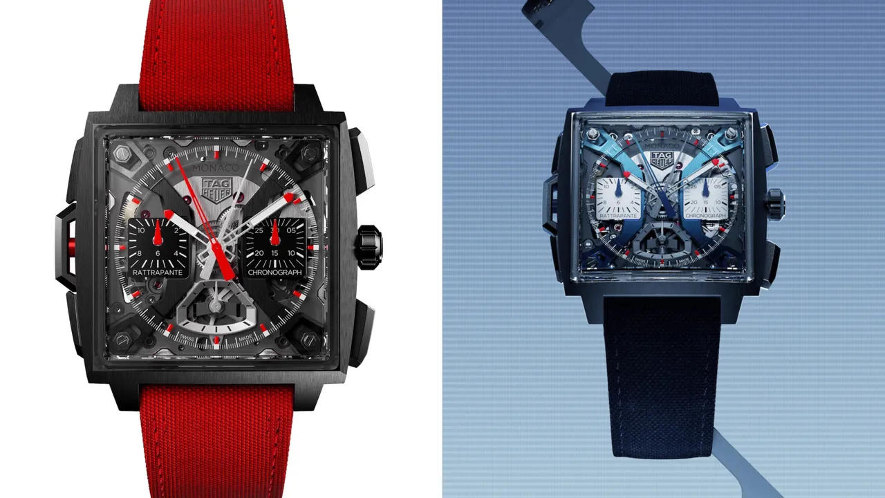 泰格豪雅Monaco雙追針計時腕錶賽車紅與經典藍款,錶殼為一半鈦金屬和一半藍寶石水晶,Calibre TH81-00自動上鍊追針計時機芯,動力儲存55至65小時,防水深度30米,各454萬3000元。品牌提供