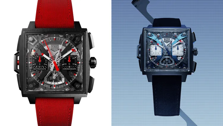 泰格豪雅Monaco雙追針計時腕錶賽車紅與經典藍款，錶殼為一半鈦金屬和一半藍寶石水晶，Calibre TH81-00自動上鍊追針計時機芯，動力儲存55至65小時，防水深度30米，各454萬3000元。品牌提供
