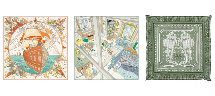 愛馬仕斜紋真絲方巾Hermès Flagship（左）1萬8500元、Mystère au 24（中）1萬8500元、Birdes de gala à pois（右）3萬3600元。品牌提供