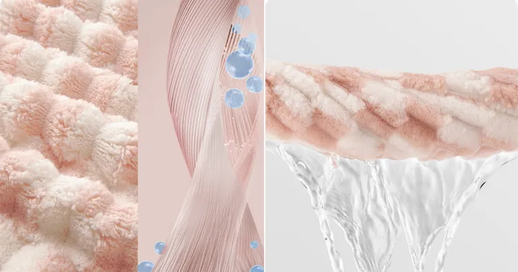 ▲新一代的絨毛紗蓬鬆柔軟，且擁有超強的瞬間吸水力。