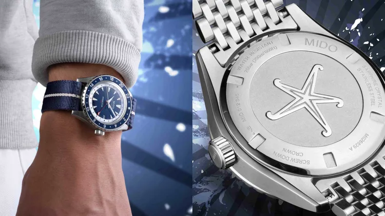 另附贈有藍色NATO織物錶帶，錶背鐫刻有海星圖案。品牌提供