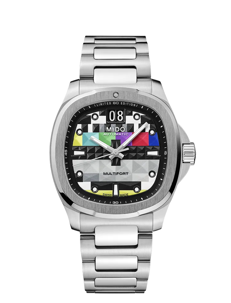Multifort TV Big Date Limited Edition先鋒系列TV大日期窗限量腕錶，40mm*39mm，緞面拋光不鏽鋼錶殼，彩色復古電視機表面，緞面拋光不鏽鋼錶帶，MIDO Caliber 80自動上鍊機芯，動力儲存80小時，防水深度100米，4萬4800元。品牌提供
