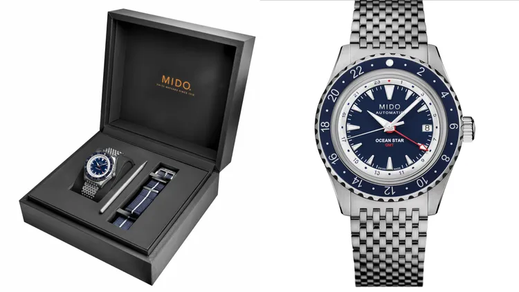 Ocean Star GMT海洋之星雙時區特別版鯊魚錶，40.5mm，緞面拋光不鏽鋼錶殼，藍色錶面，緞面拋光不鏽鋼錶帶，MIDO Caliber 80自動上鍊機芯，動力儲存80小時，防水深度200米，4萬3400元。品牌提供