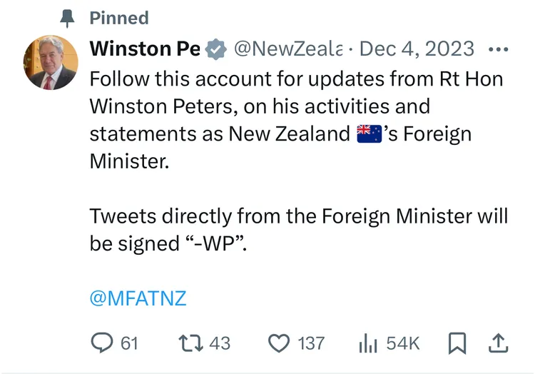 Winston Peters說與台灣人民心同在。取自FB/Winston Peters