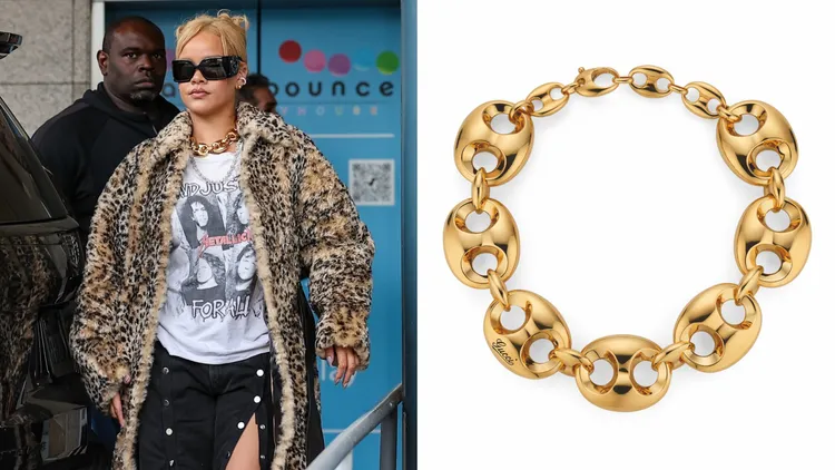 蕾哈娜除了戴GUCCI墨鏡還配上GUCCI Marina Chain項鍊，8萬4500元。品牌提供