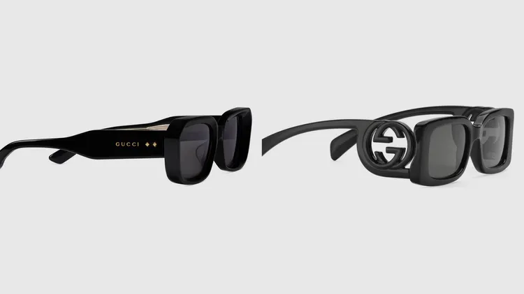 GUCCI醋酸纖維長方框太陽眼鏡（左圖）1萬7900元、GUCCI醋酸纖維G字方框太陽眼鏡1萬4300元。品牌提供
