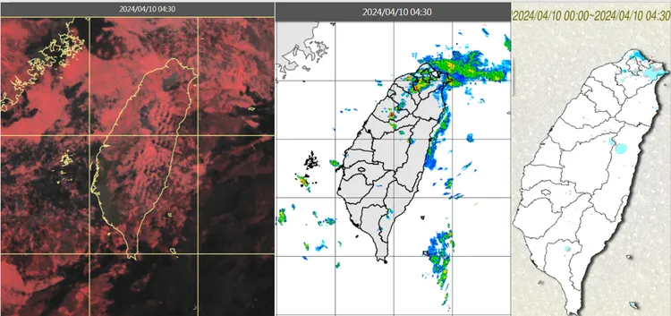 今（10）日清晨4時30分真實色雲圖顯示，台灣上空仍有鬆散的雲層（左）；雷達回波合成圖顯示，北部、東半部有零星降水回波（中）；累積雨量圖顯示，北部、東半部有零星降雨（右）。氣象應用推廣基金會