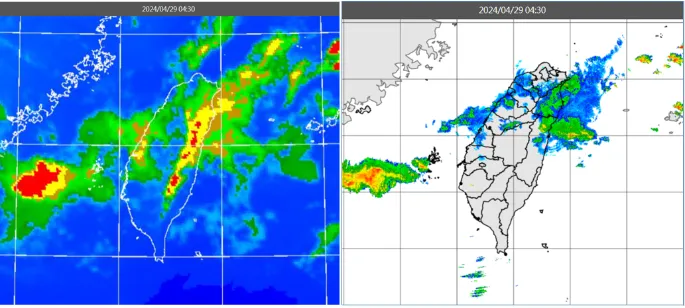 今(29日)晨4：30外線色調強化雲圖顯示，台灣上空有零散、消散中的中高雲(左圖)；4：30雷達回波合成圖顯示，中高雲伴隨微弱降水回波(右圖)。氣象應用推廣基金會