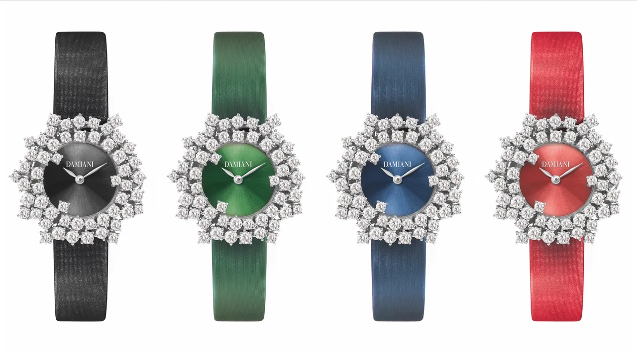 DAMIANI Mimosa鑽錶錶盤無鑽款，32mm，太陽放射紋飾紋錶面，緞面錶帶，各83萬元。品牌提供