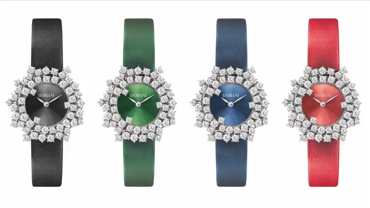 DAMIANI Mimosa鑽錶錶盤無鑽款，32mm，太陽放射紋飾紋錶面，緞面錶帶，各83萬元。品牌提供