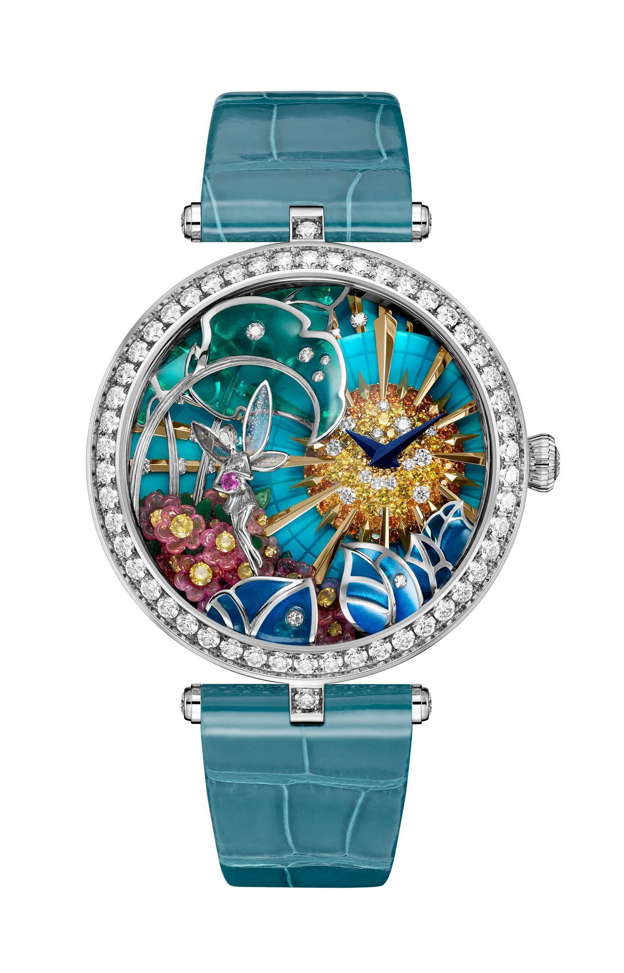 梵克雅寶Lady Arpels Jour Enchanté腕錶，41mm，白K金錶殼，白K金錶面（運用了彩繪玻璃琺瑯、微雕琺瑯、鑲嵌琺瑯、飄浮鑲嵌），短吻鱷魚皮錶帶，手動上鍊機械機芯，價格店洽。品牌提供