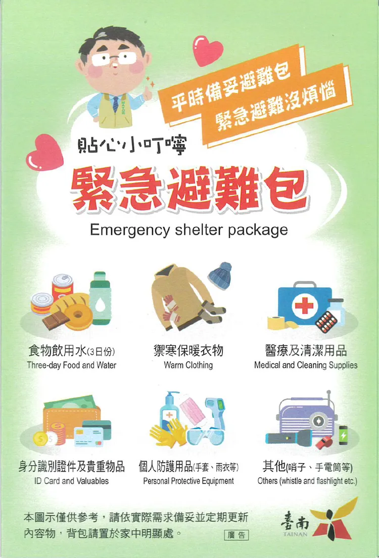 緊急避包六大類物品。南市府提供