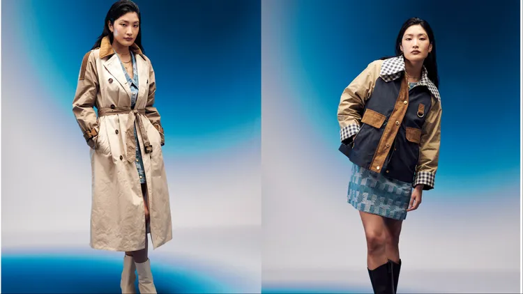 Ingleby防潑水長版風衣（左）2萬600元、Catton Spey拼接外套（右）1萬8100元。品牌提供