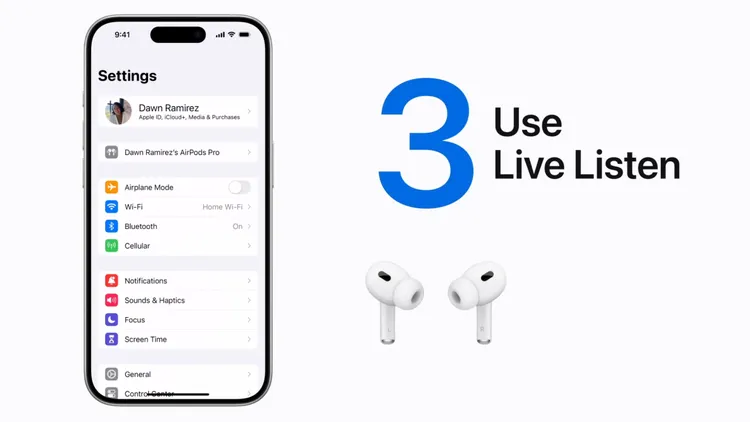 AirPods能夠讓使用者把iPhone當作麥克風，然後透過將AirPods來聽到iPhone接收到的聲音。翻攝自Apple YouTube。
