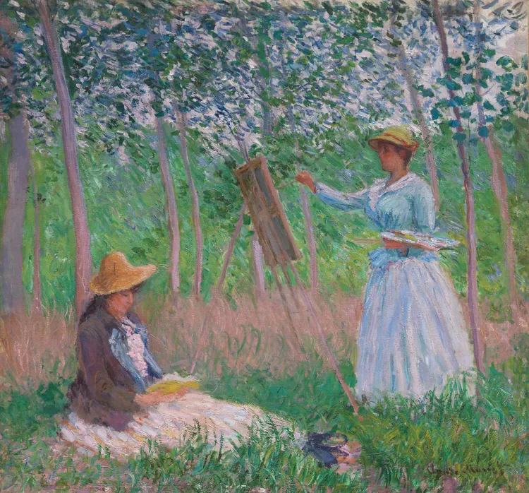 莫內 (Claude Monet, 1840-1926)，〈吉維尼的樹林中：畫架前的貝蘭榭．歐榭德與看書的蘇珊・歐榭德〉Los Angeles County Museum of Art, Mr. and Mrs. George Gard De Sylva Collection, photo © Museum Associates/LACMA