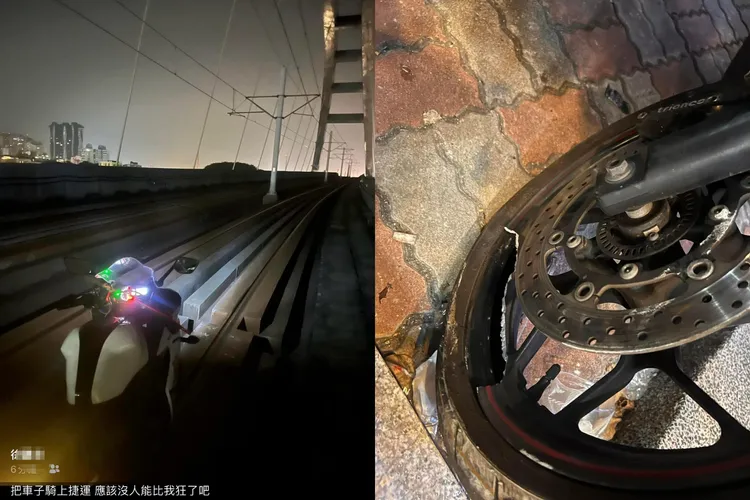 重機騎上淡水輕軌後竟PO照打卡。翻攝記者爆料網