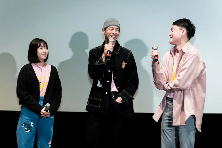 湯詠絮（左起）、林柏宏、導演練建宏出席《莎莉》映後活動感性致謝。伯樂影業提供
